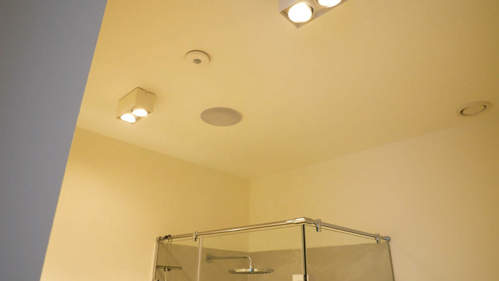 Moderne Badezimmerdecke mit Beleuchtung und Duschbereich.