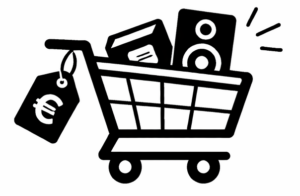 Das Bild zeigt einen Einkaufswagen, der mit verschiedenen Artikeln wie Büchern und einem Lautsprecher gefüllt ist. An dem Wagen hängt ein Preisschild mit einem Euro-Zeichen, das auf die preislichen Aspekte der Produkte hinweist. Die Darstellungen sind stilisiert und in einer klaren, minimalistischen Grafik gestaltet.